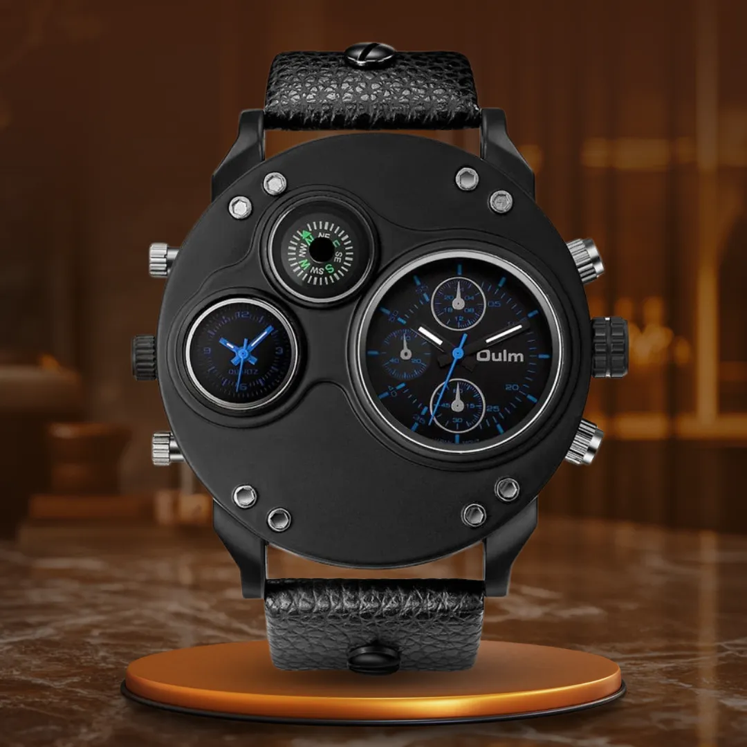 Black Leather Quartz Watch with Dual Time Zone