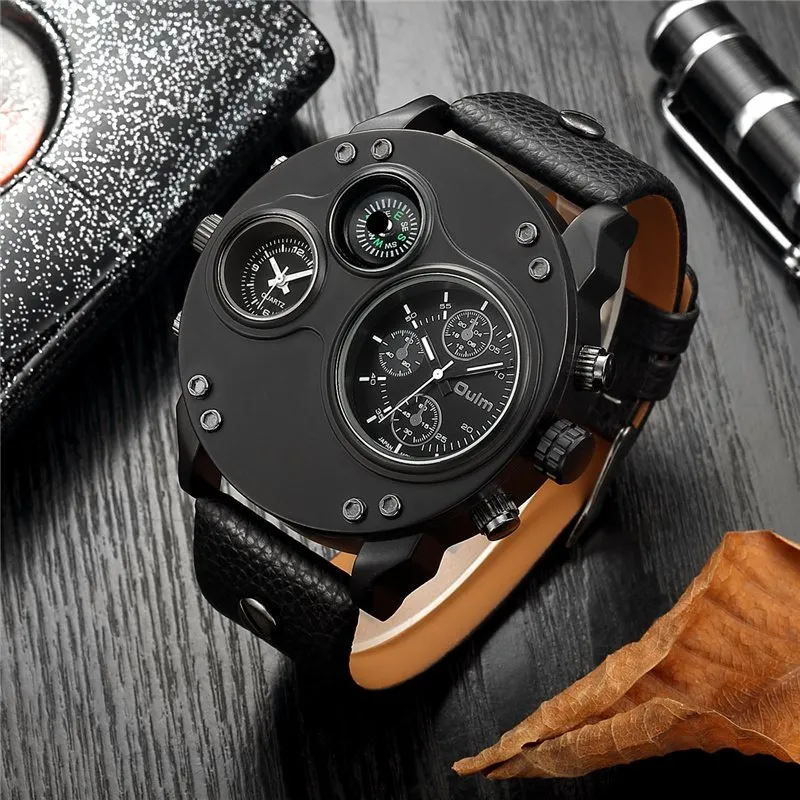 Black Leather Quartz Watch with Dual Time Zone