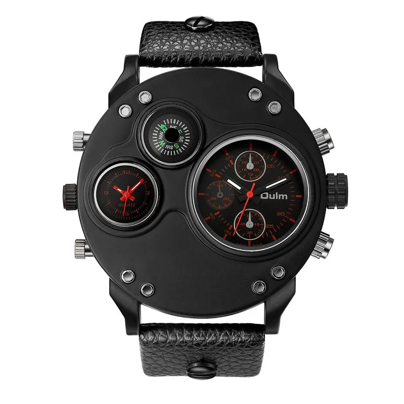 Black Leather Quartz Watch with Dual Time Zone