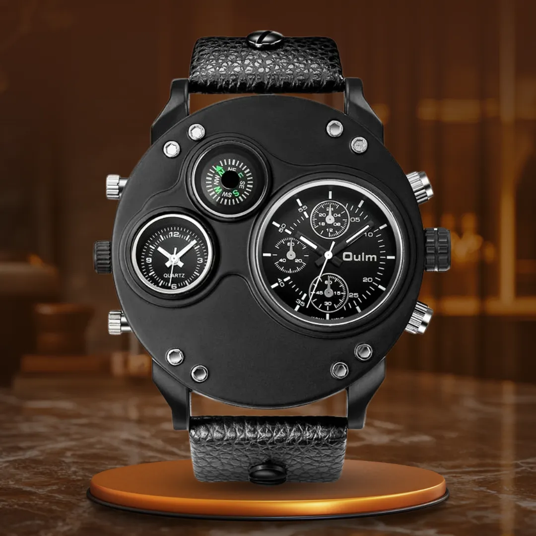 Black Leather Quartz Watch with Dual Time Zone