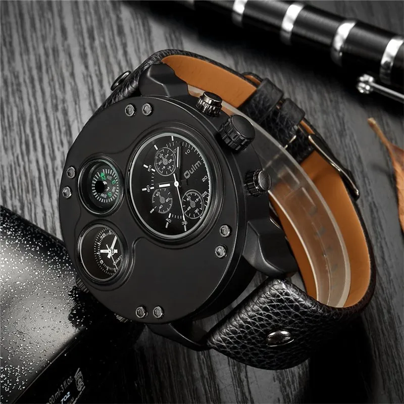 Black Leather Quartz Watch with Dual Time Zone
