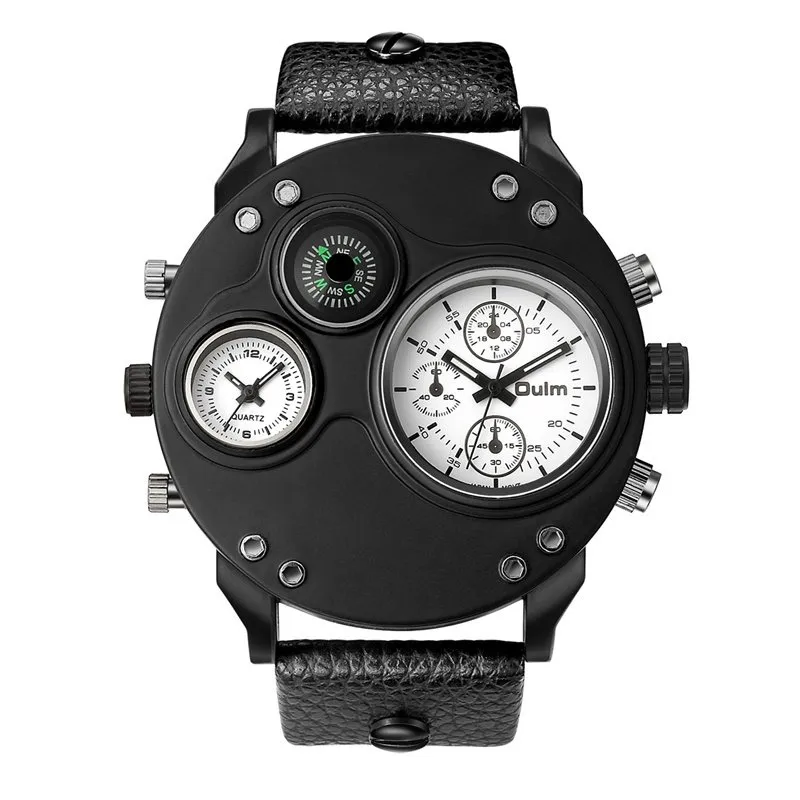 Black Leather Quartz Watch with Dual Time Zone
