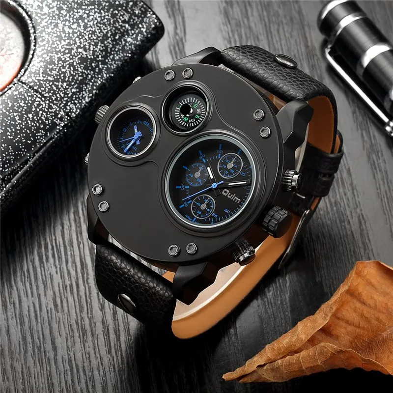 Black Leather Quartz Watch with Dual Time Zone