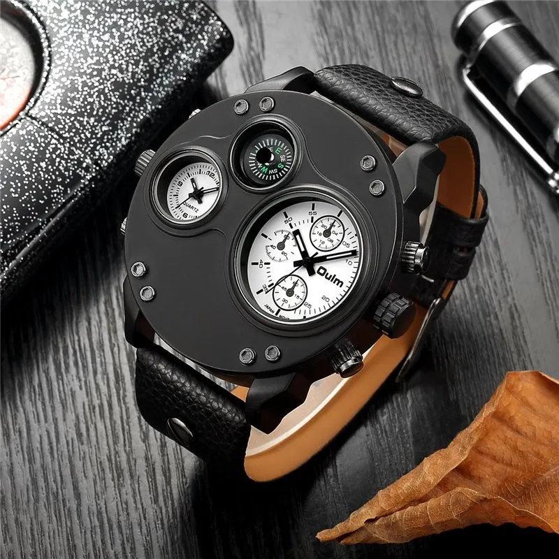 Black Leather Quartz Watch with Dual Time Zone