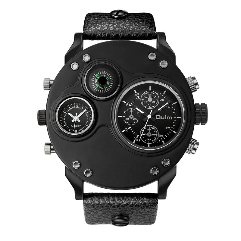 Black Leather Quartz Watch with Dual Time Zone