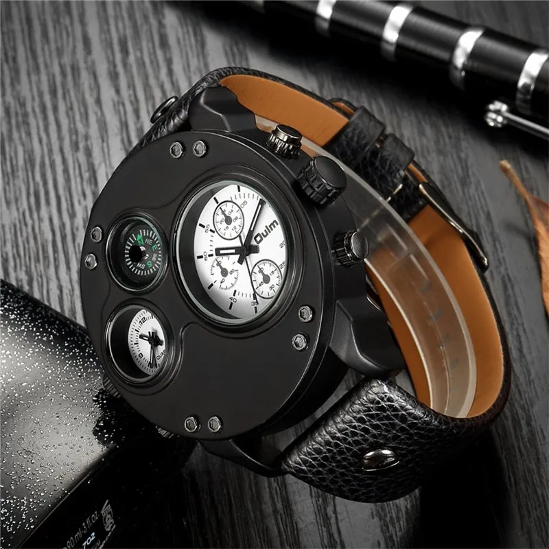 Black Leather Quartz Watch with Dual Time Zone