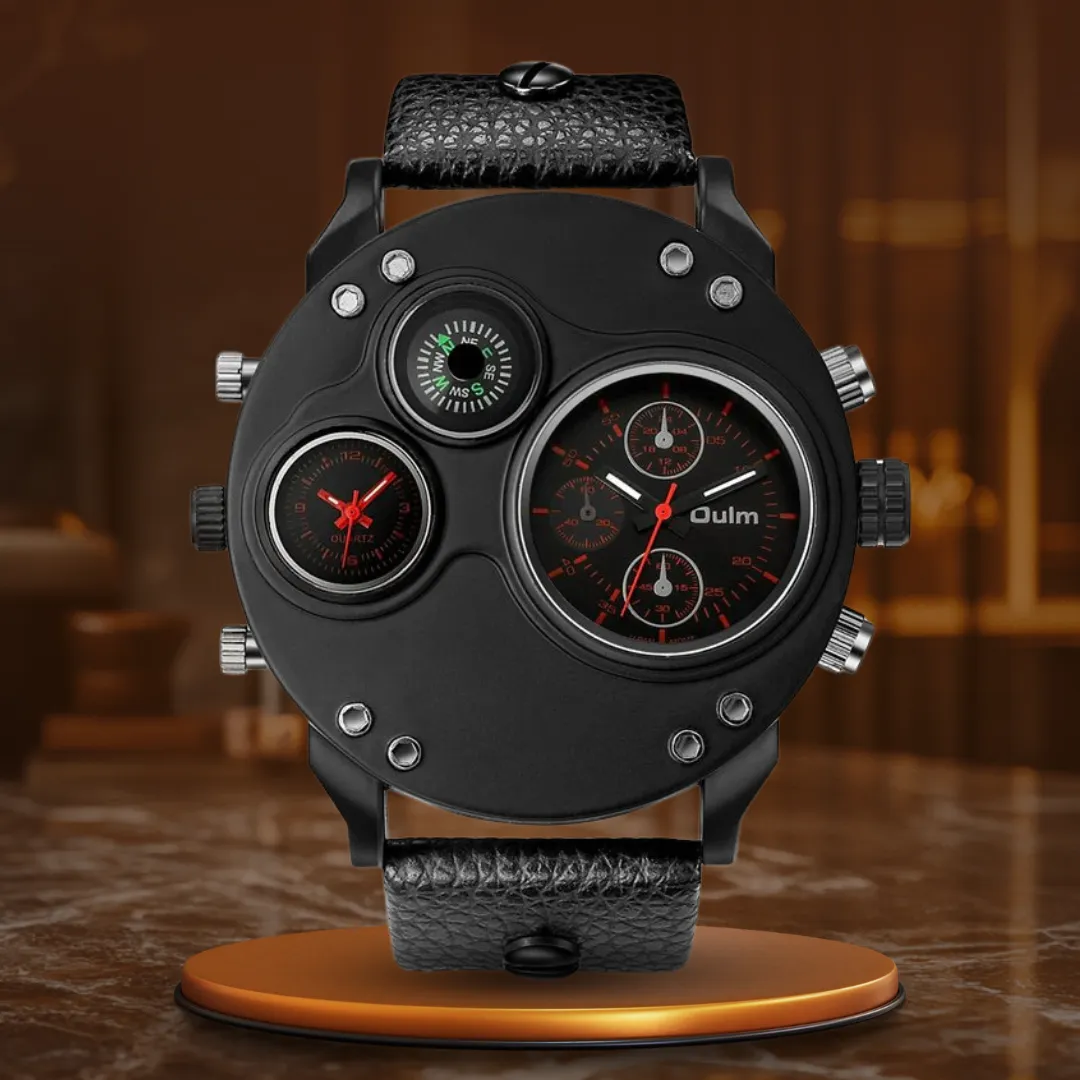 Black Leather Quartz Watch with Dual Time Zone