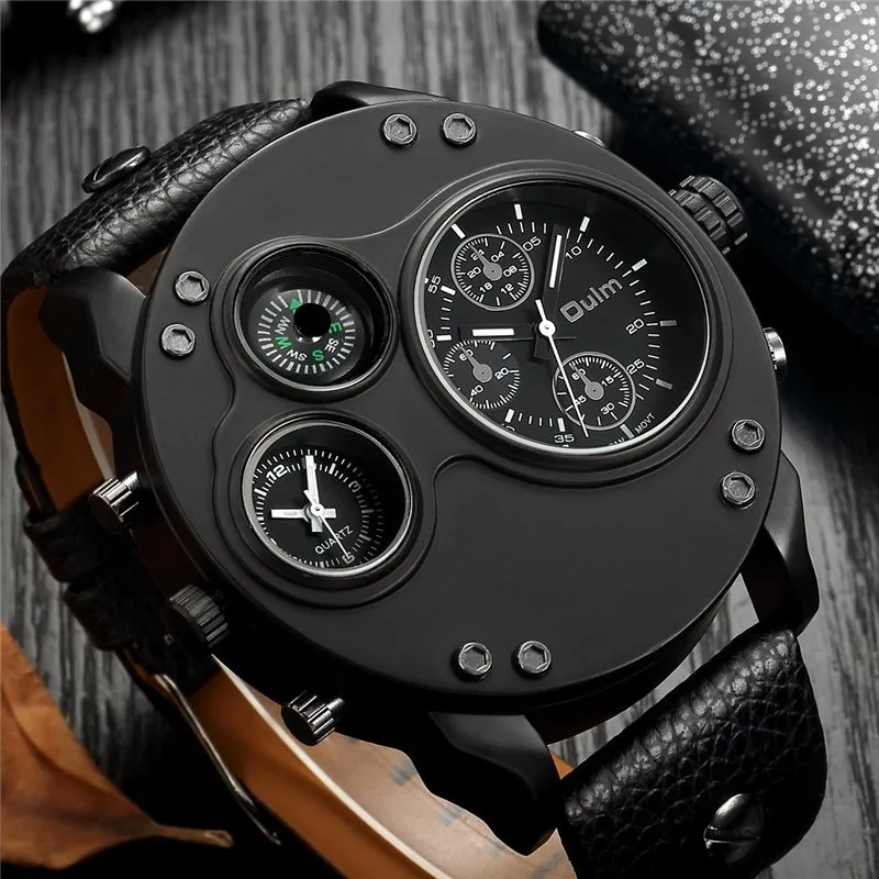 Black Leather Quartz Watch with Dual Time Zone