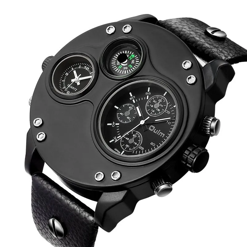 Black Leather Quartz Watch with Dual Time Zone