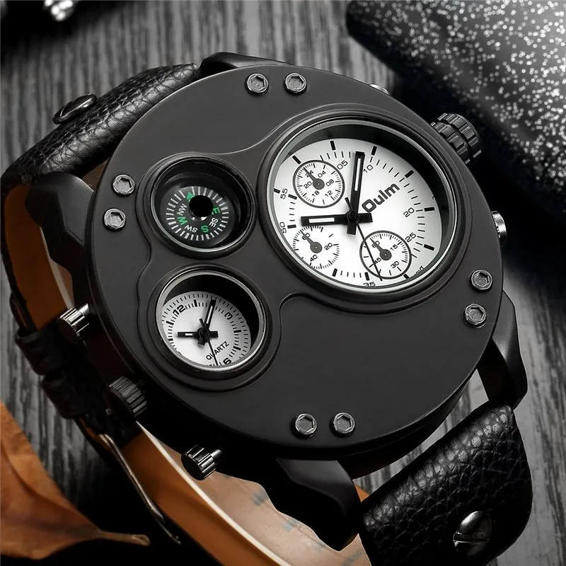 Black Leather Quartz Watch with Dual Time Zone