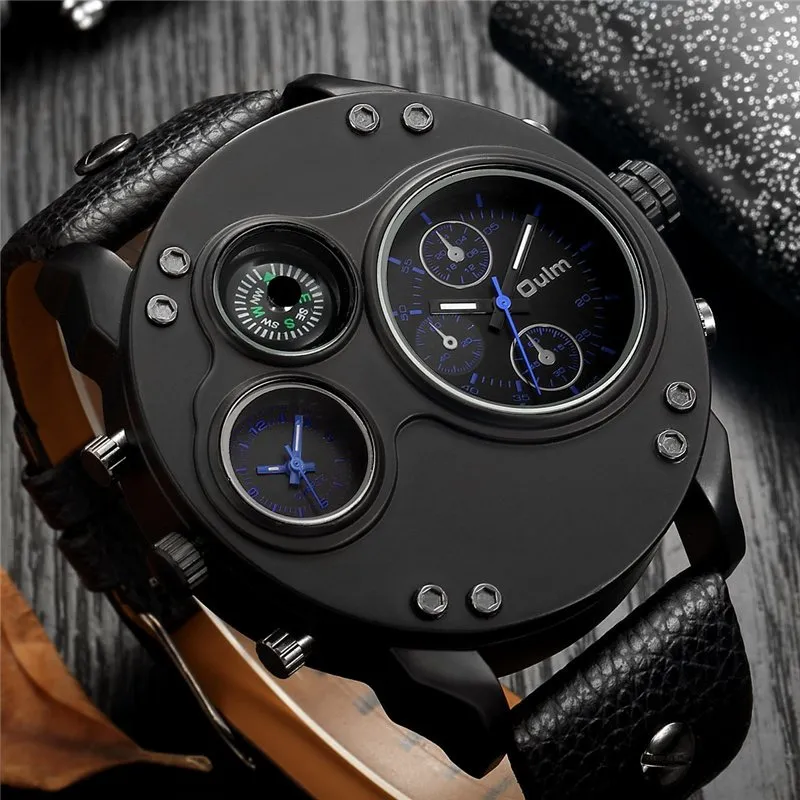 Black Leather Quartz Watch with Dual Time Zone