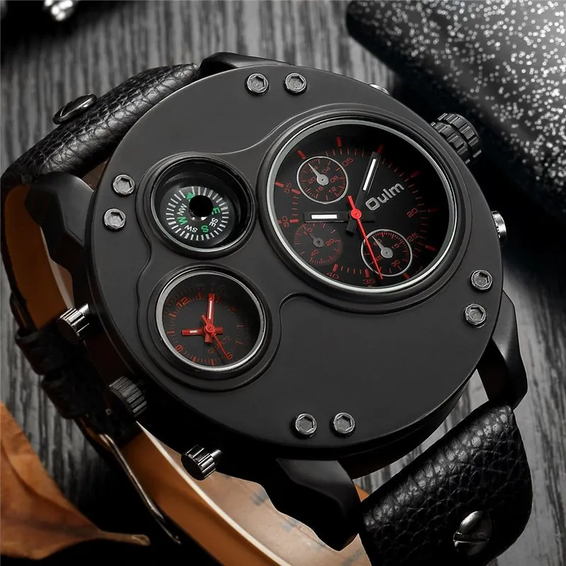 Black Leather Quartz Watch with Dual Time Zone