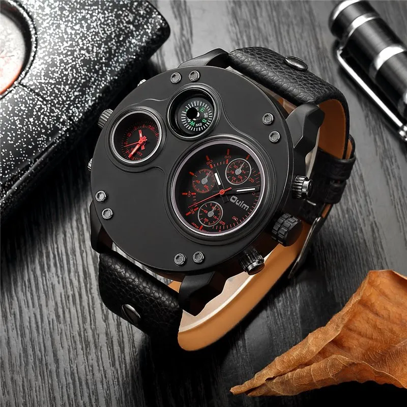 Black Leather Quartz Watch with Dual Time Zone