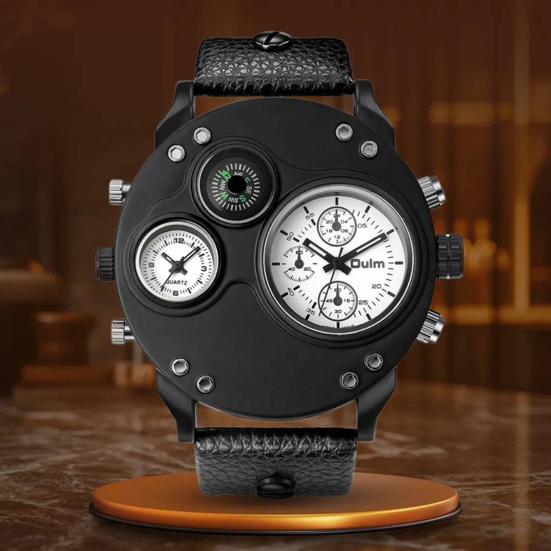 Black Leather Quartz Watch with Dual Time Zone