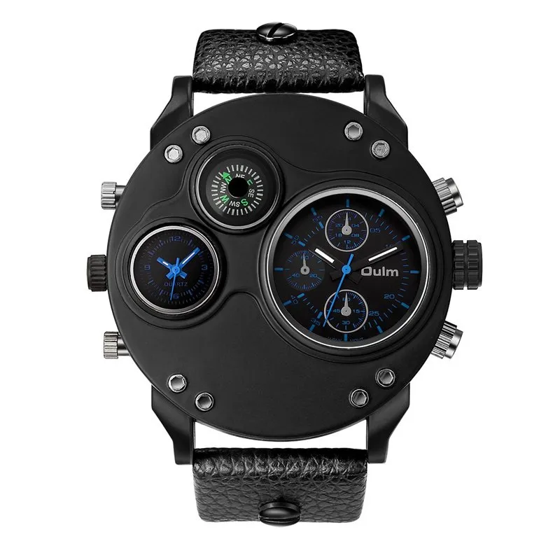 Black Leather Quartz Watch with Dual Time Zone