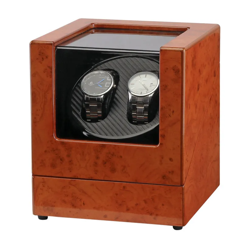Burl Wood & Carbon Fiber Watch Winder for 2 Watches