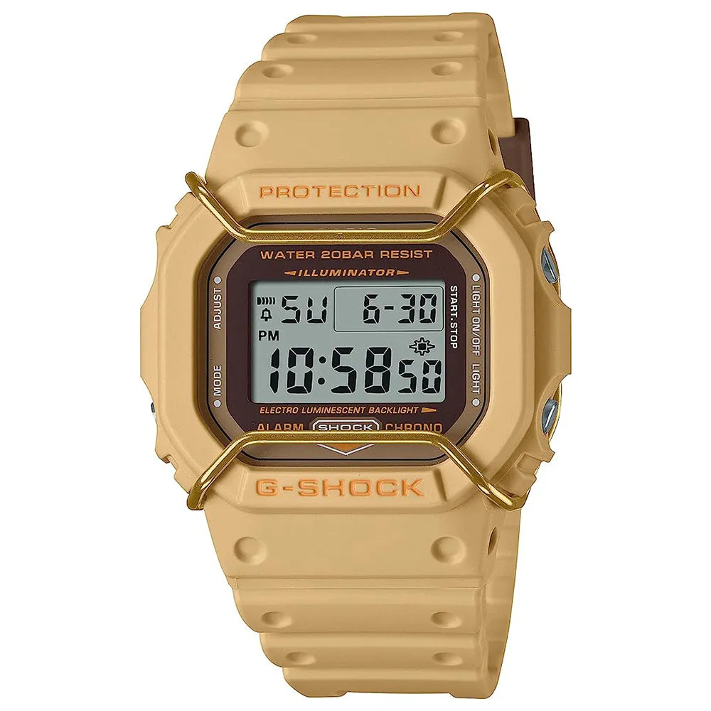 Casio Men's Gray Dial Gold Resin Band G-Shock Tone-on-Tone Wire Face Square Monochromatic Digital Japanese Quartz Watch - DW5600PT-5