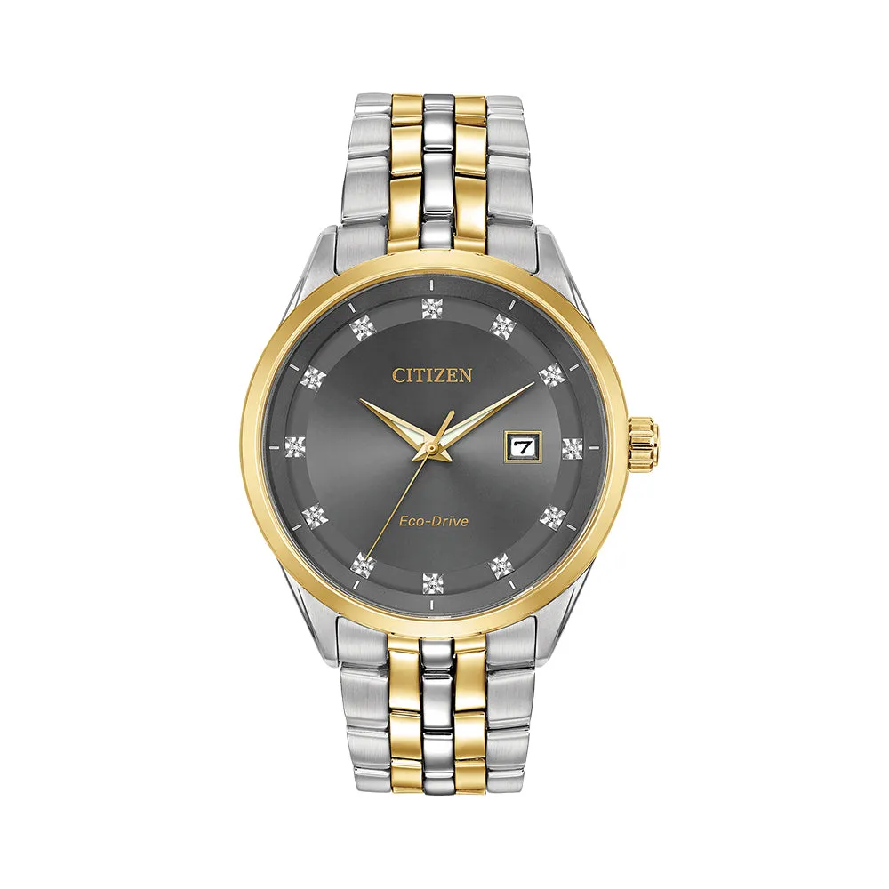 Citizen Eco-Drive Mens Two-Tone Stainless Steel Band Black Quartz Dial Watch - BM7258-54H