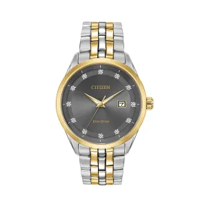 Citizen Eco-Drive Mens Two-Tone Stainless Steel Band Black Quartz Dial Watch - BM7258-54H
