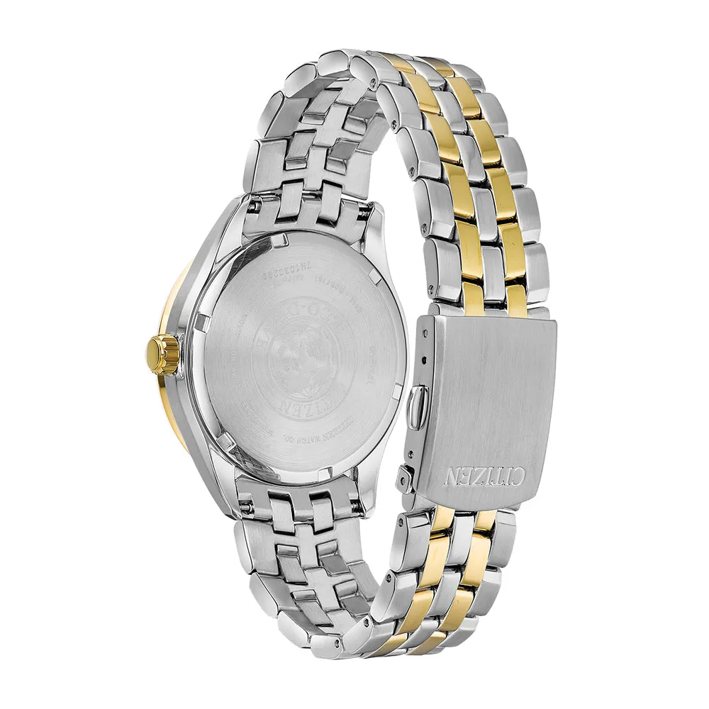 Citizen Eco-Drive Mens Two-Tone Stainless Steel Band Black Quartz Dial Watch - BM7258-54H