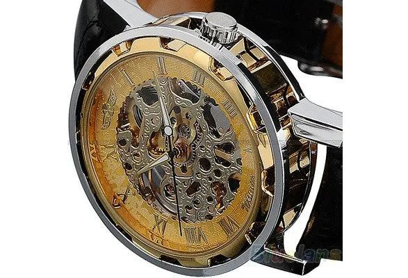 Classic Men's Black Leather band Skeleton Mechanical Sports Army Wrist Watch cool ( Pls wind watch when received)