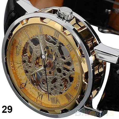 Classic Men's Black Leather band Skeleton Mechanical Sports Army Wrist Watch cool ( Pls wind watch when received)
