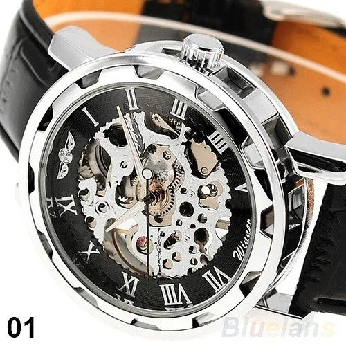 Classic Men's Black Leather band Skeleton Mechanical Sports Army Wrist Watch cool ( Pls wind watch when received)