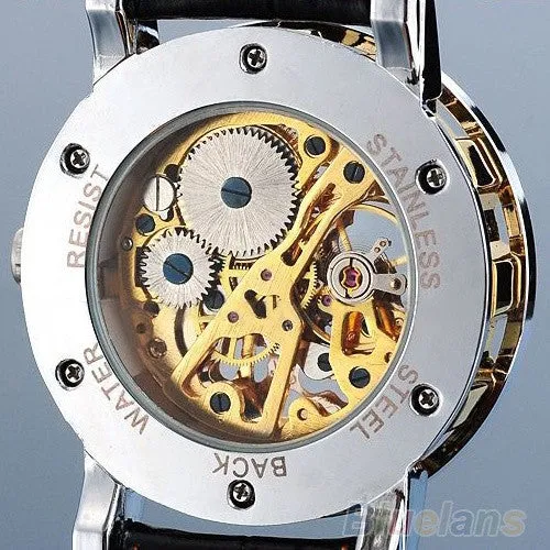 Classic Men's Black Leather band Skeleton Mechanical Sports Army Wrist Watch cool ( Pls wind watch when received)