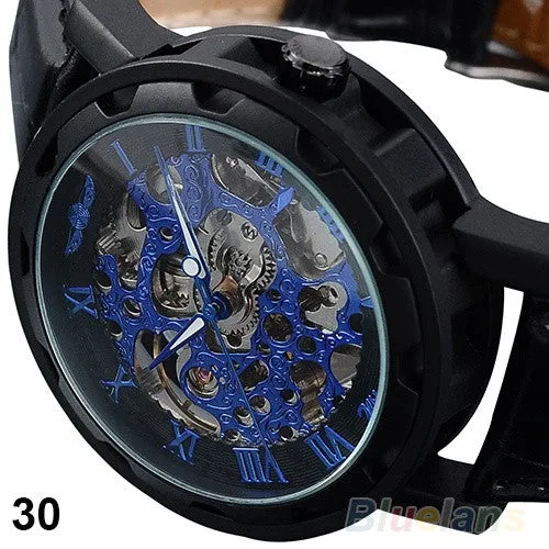 Classic Men's Black Leather band Skeleton Mechanical Sports Army Wrist Watch cool ( Pls wind watch when received)