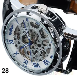 Classic Men's Black Leather band Skeleton Mechanical Sports Army Wrist Watch cool ( Pls wind watch when received)