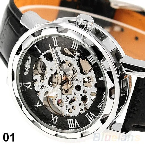 Classic Men's Black Leather band Skeleton Mechanical Sports Army Wrist Watch cool ( Pls wind watch when received)