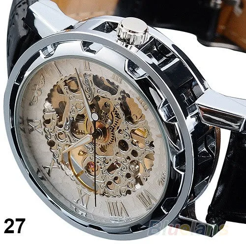Classic Men's Black Leather band Skeleton Mechanical Sports Army Wrist Watch cool ( Pls wind watch when received)