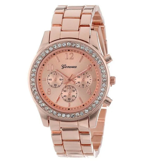Classic Round Three Tone Faux Chronograph Quartz Watch With Bracelet Strap