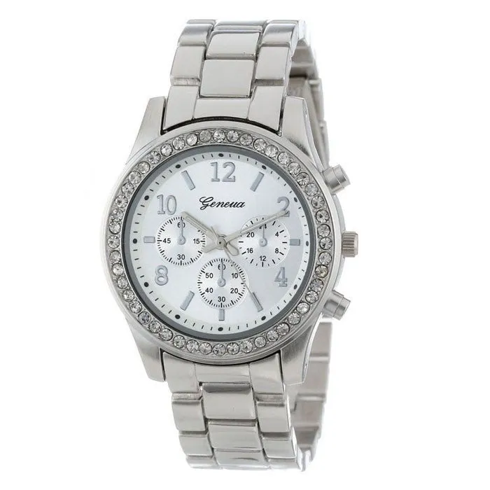 Classic Round Three Tone Faux Chronograph Quartz Watch With Bracelet Strap
