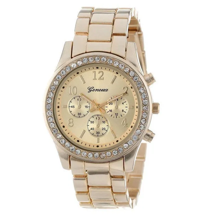 Classic Round Three Tone Faux Chronograph Quartz Watch With Bracelet Strap