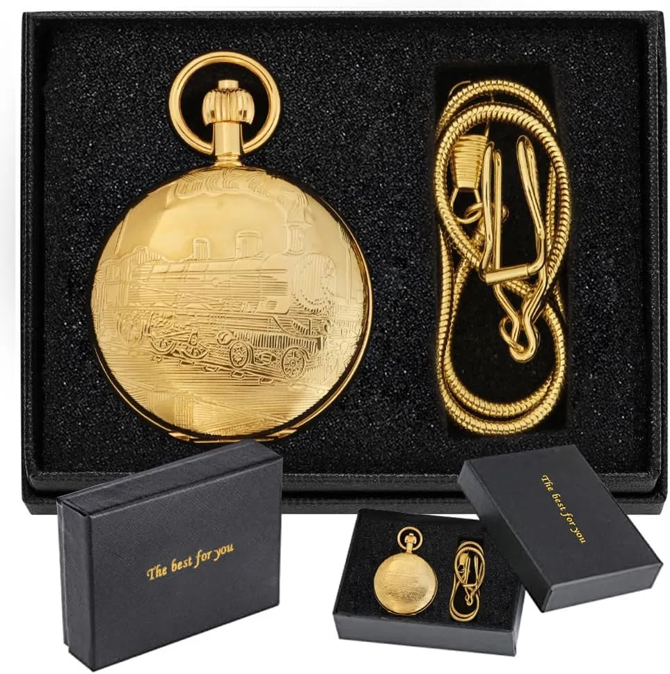 Copper Pocket Watch Steampunk Mechanical London Hand Wind Mens Watches with Chains & Boxs
