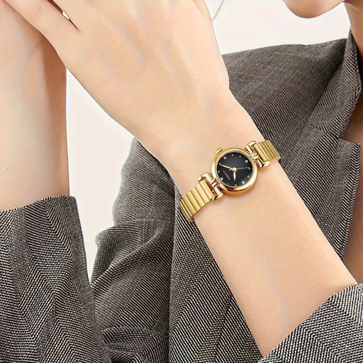 Elegant Gold Tone Quartz Watch with Stainless Steel