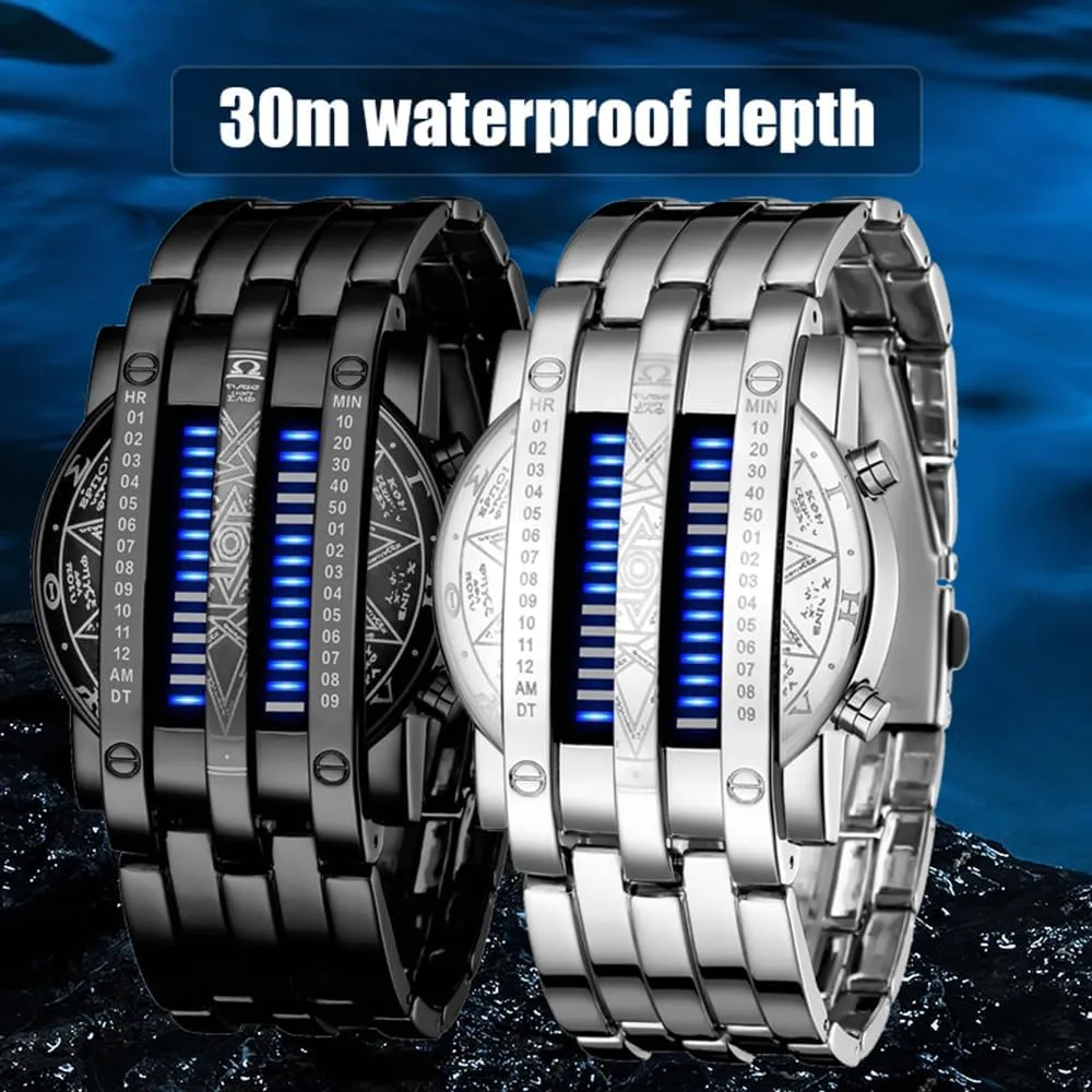 FANMIS Creative Mens Binary Matrix Blue LED Digital Watch Fashion Classic Black Plated Waterproof LED Backlight Bracelet Watches