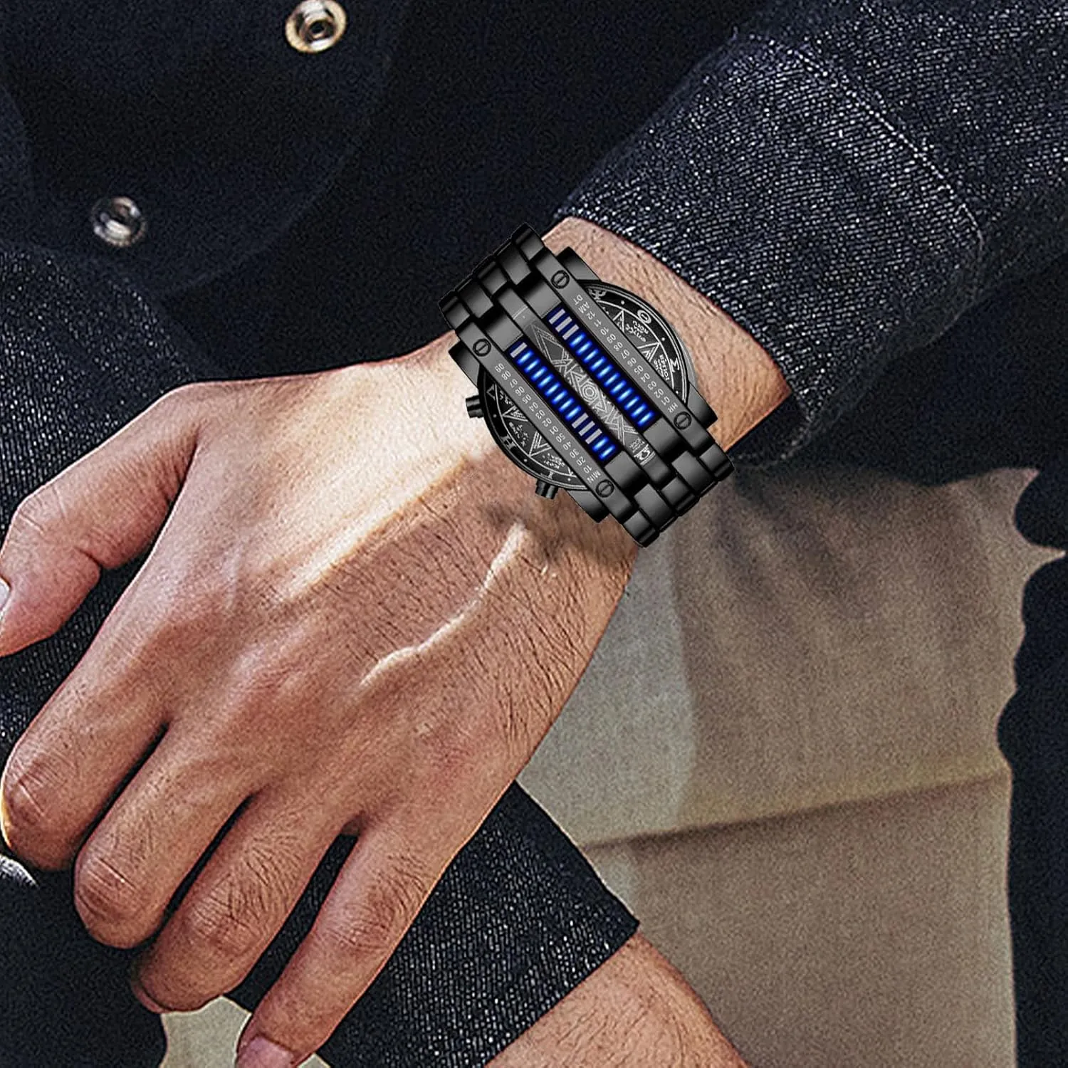 FANMIS Creative Mens Binary Matrix Blue LED Digital Watch Fashion Classic Black Plated Waterproof LED Backlight Bracelet Watches