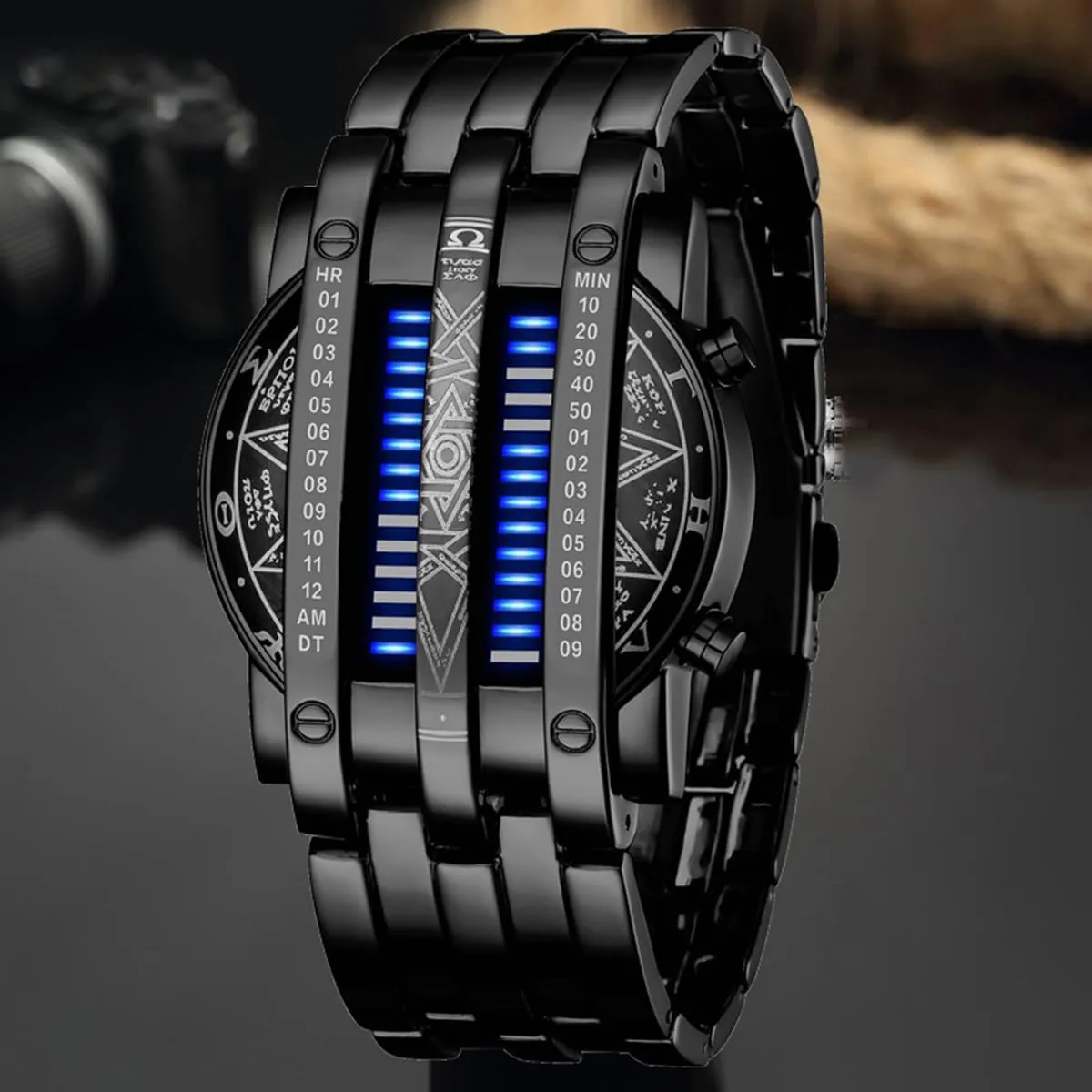 FANMIS Creative Mens Binary Matrix Blue LED Digital Watch Fashion Classic Black Plated Waterproof LED Backlight Bracelet Watches