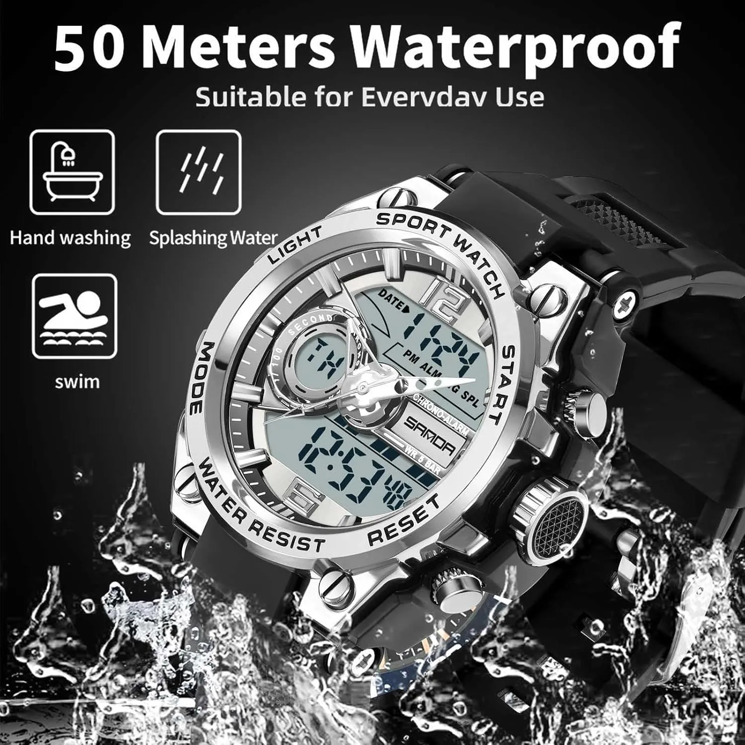 FORSINING Watch for Men, Waterproof Military Digital Analog Watches, Sports Outdoor Wrist Watch Date Multi Function Tactics LED Alarm Stopwatch