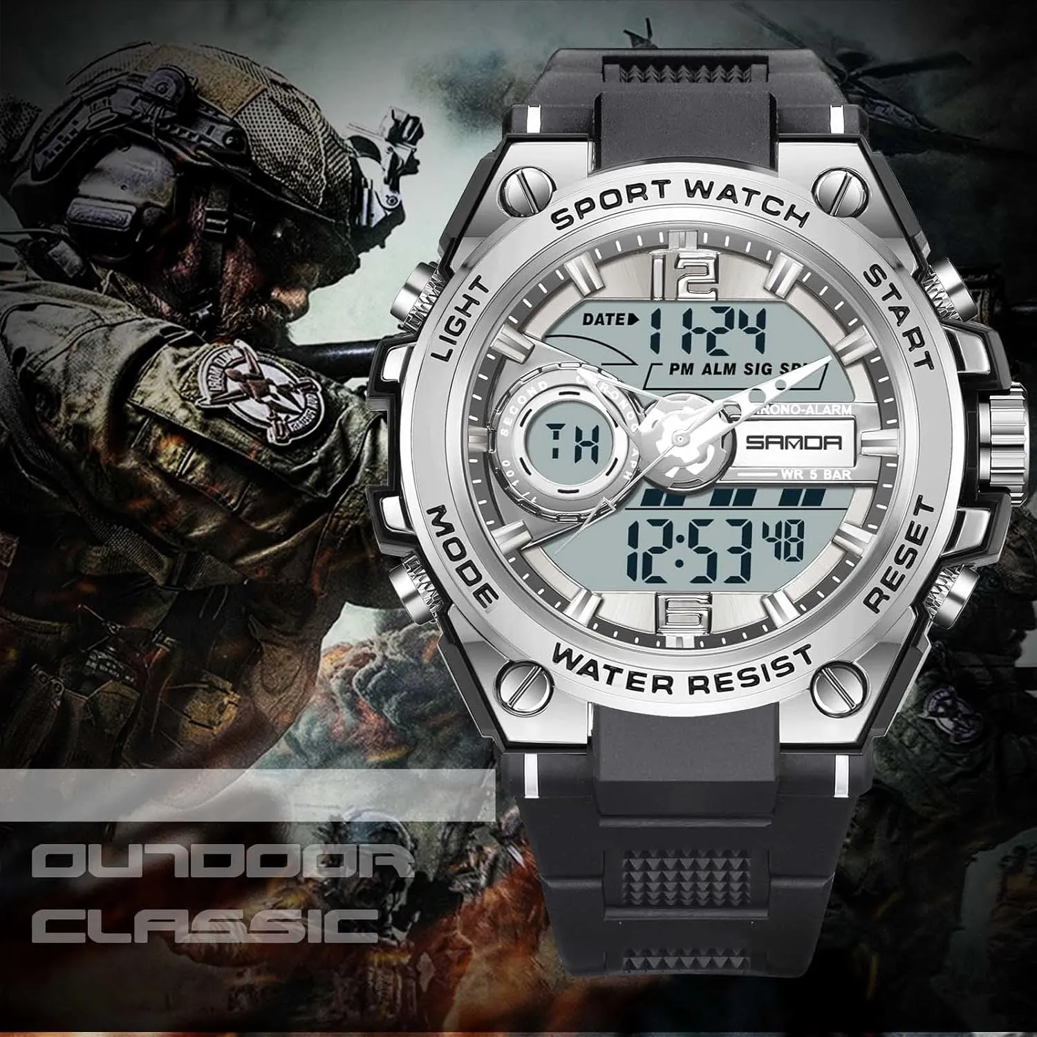 FORSINING Watch for Men, Waterproof Military Digital Analog Watches, Sports Outdoor Wrist Watch Date Multi Function Tactics LED Alarm Stopwatch