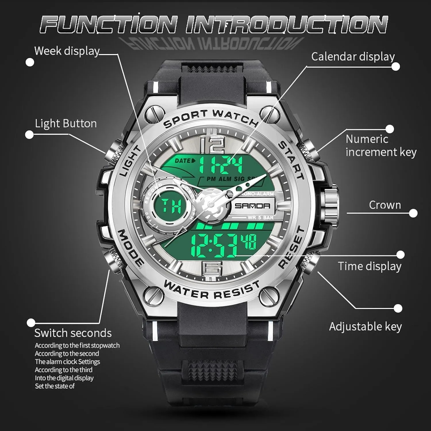 FORSINING Watch for Men, Waterproof Military Digital Analog Watches, Sports Outdoor Wrist Watch Date Multi Function Tactics LED Alarm Stopwatch