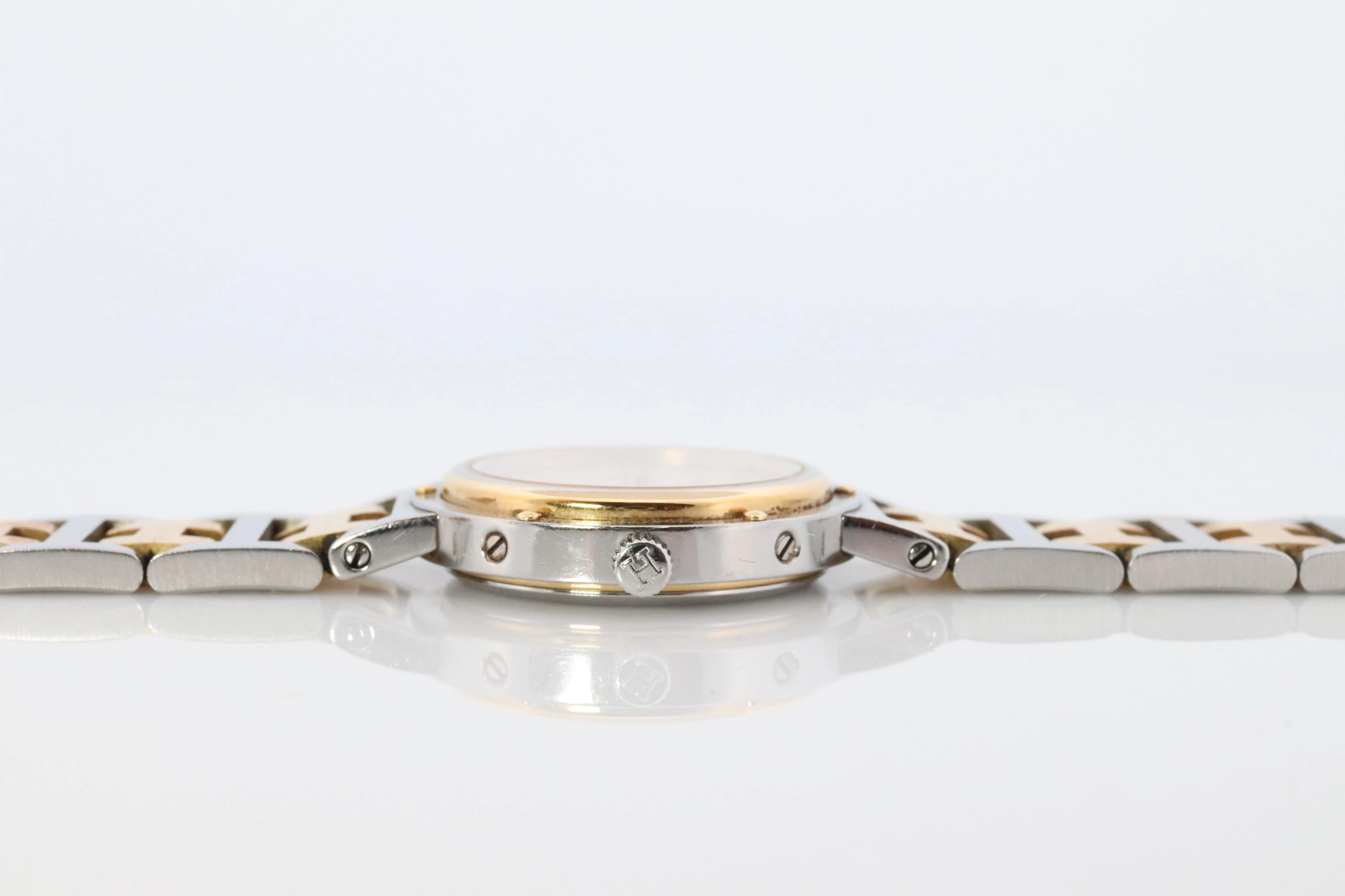 Genuine HERMES Stainless Steel 24mm Round Clipper Quartz Watch Champagne.