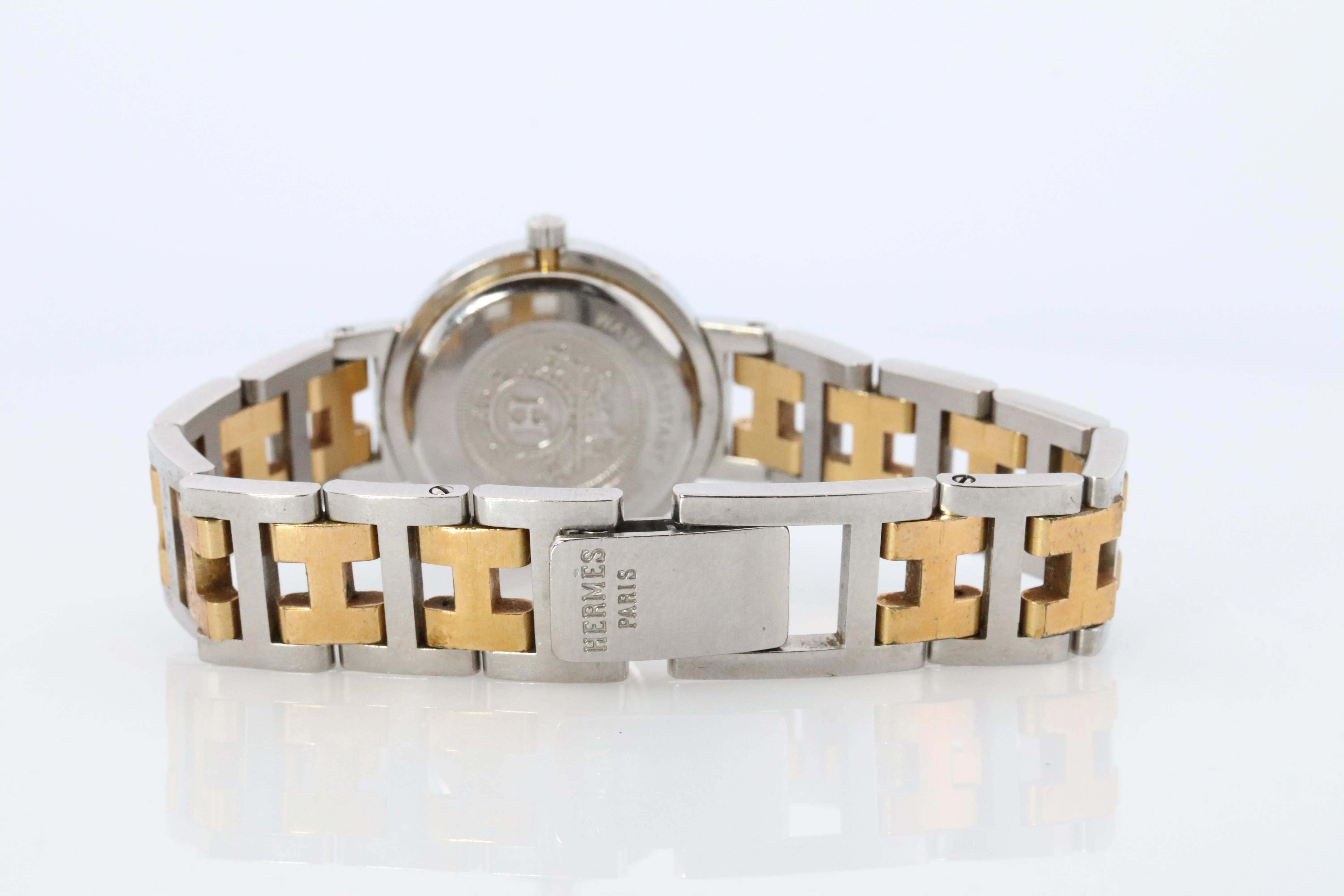 Genuine HERMES Stainless Steel 24mm Round Clipper Quartz Watch Champagne.