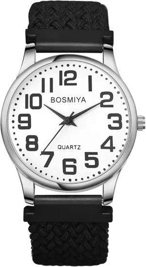 JewelryWe Braided Rope Elastics Watches: Easy Read Big Dial Analog Quartz Stretchable Watch Adjustable Black Expansion Band Wristwatch