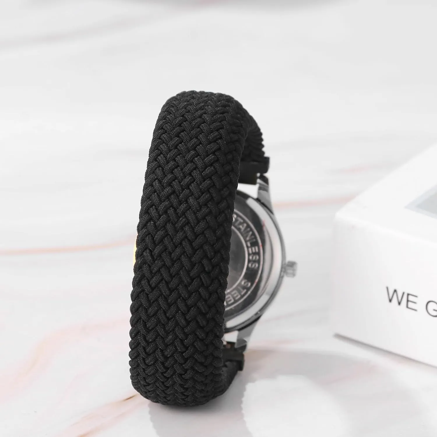 JewelryWe Braided Rope Elastics Watches: Easy Read Big Dial Analog Quartz Stretchable Watch Adjustable Black Expansion Band Wristwatch