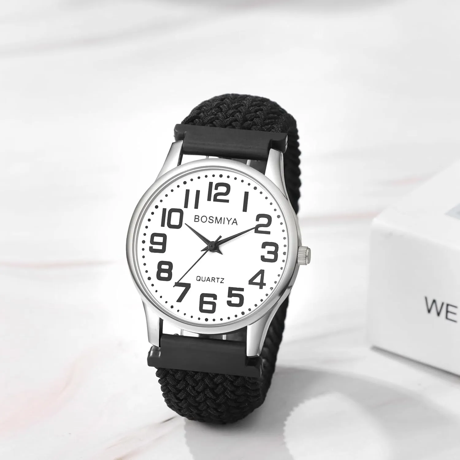 JewelryWe Braided Rope Elastics Watches: Easy Read Big Dial Analog Quartz Stretchable Watch Adjustable Black Expansion Band Wristwatch
