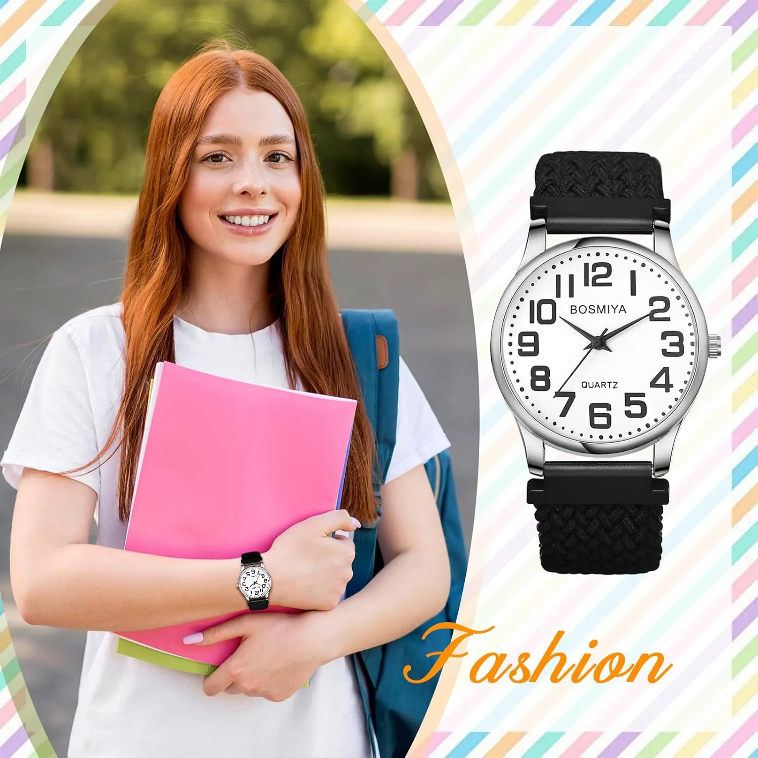 JewelryWe Braided Rope Elastics Watches: Easy Read Big Dial Analog Quartz Stretchable Watch Adjustable Black Expansion Band Wristwatch