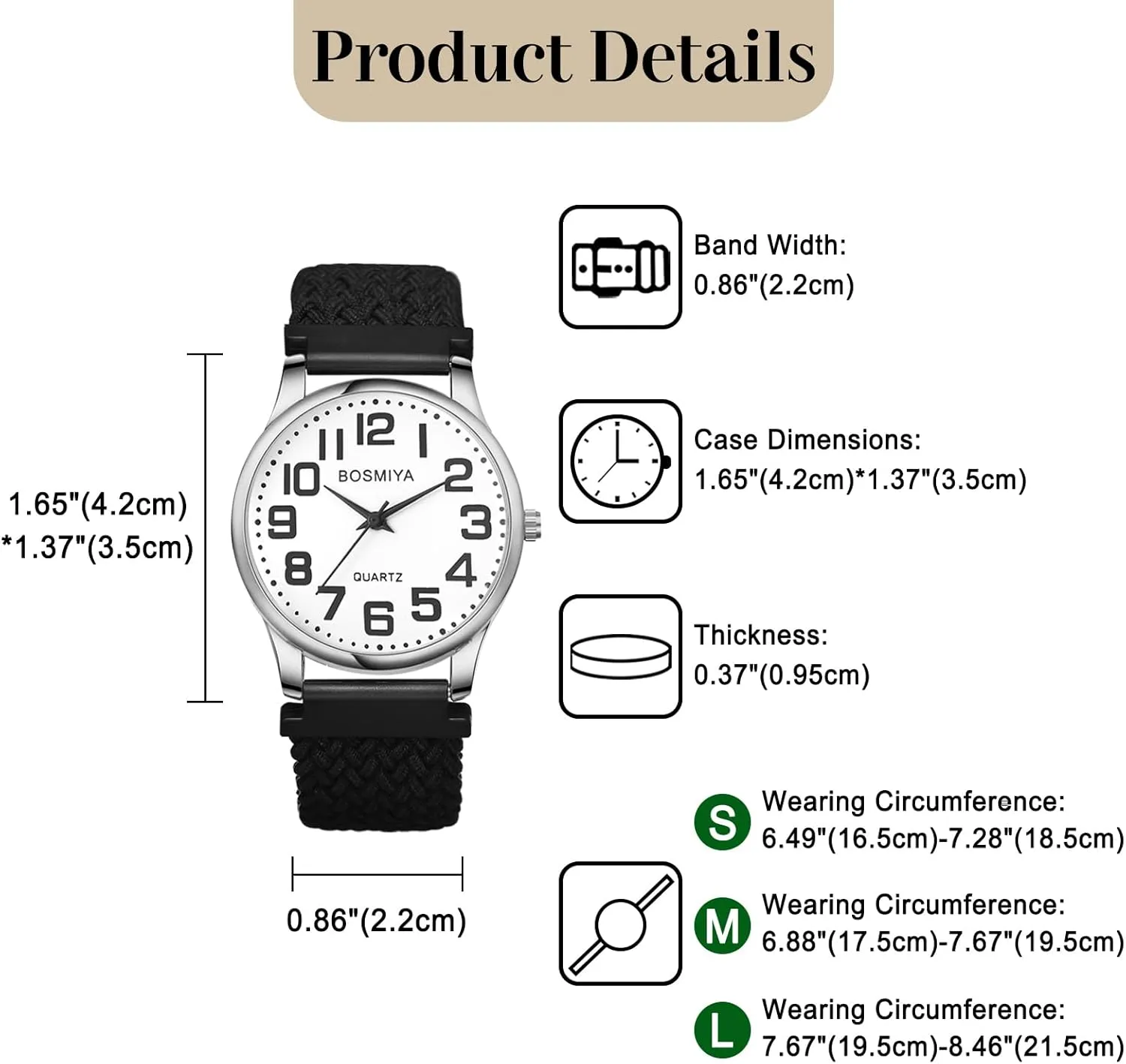 JewelryWe Braided Rope Elastics Watches: Easy Read Big Dial Analog Quartz Stretchable Watch Adjustable Black Expansion Band Wristwatch